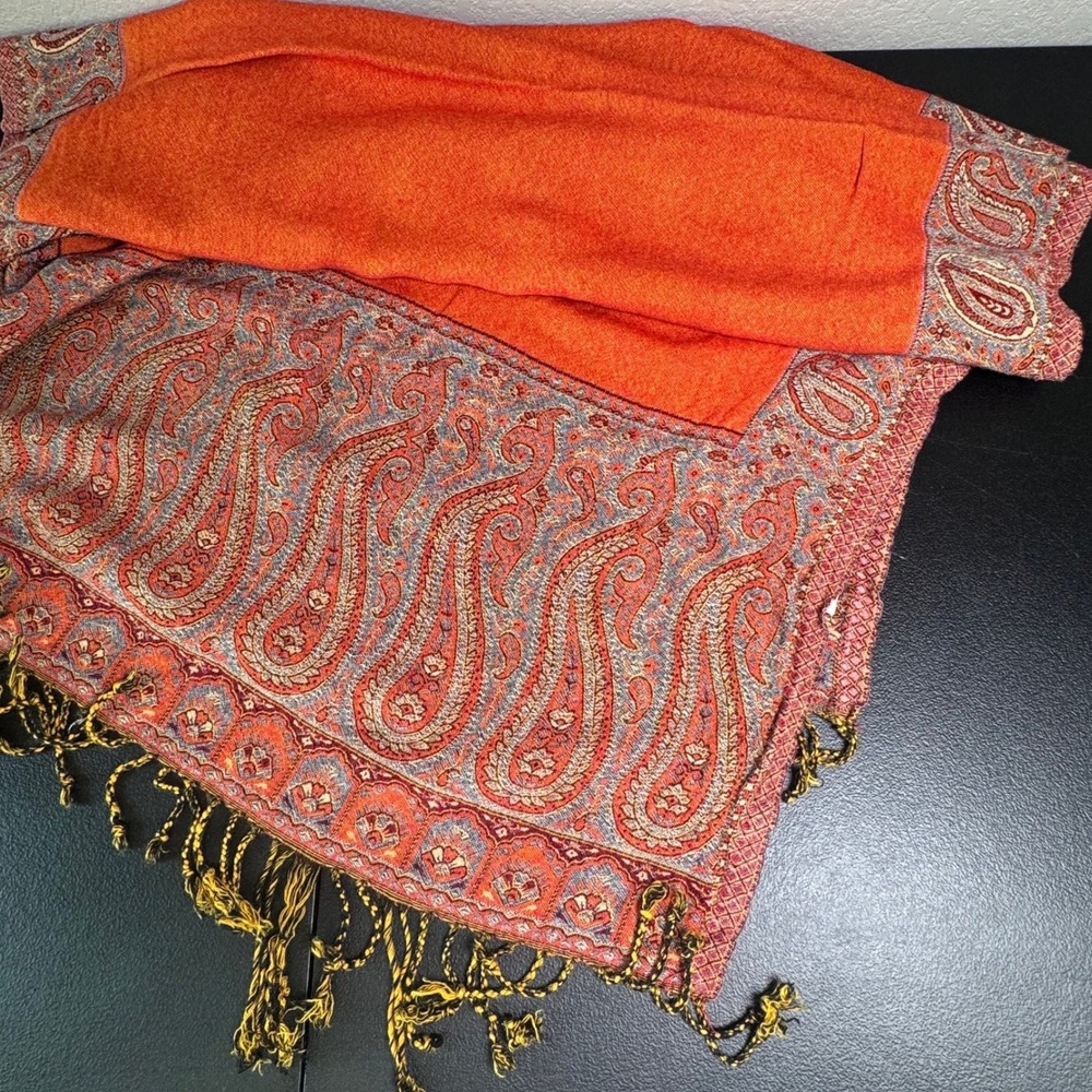 Tawakal Art & Craft 100% Cashmere Pashmina Shawl Reversible Orange Grey Paisley